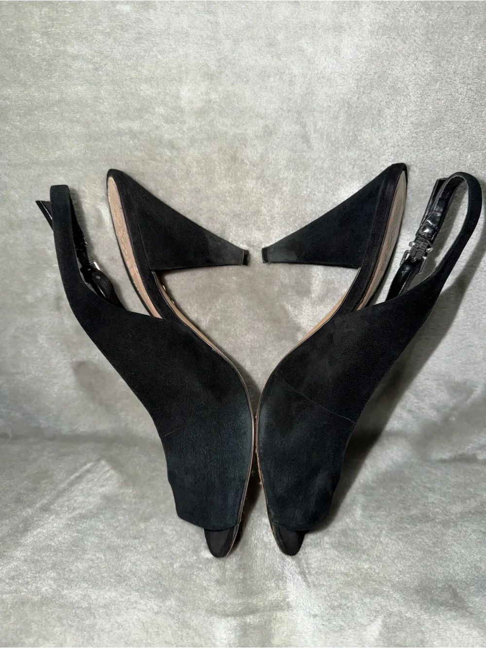 Vince Camuto Black Suede Paelinna Slingback Peep Toe Cone Heels Size 9